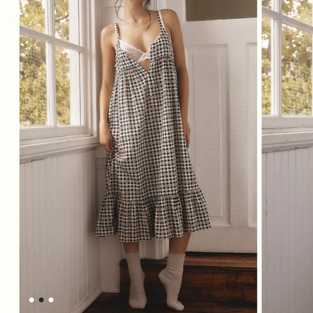 THE GREAT. Ruffle sleep dress in red and blue check
